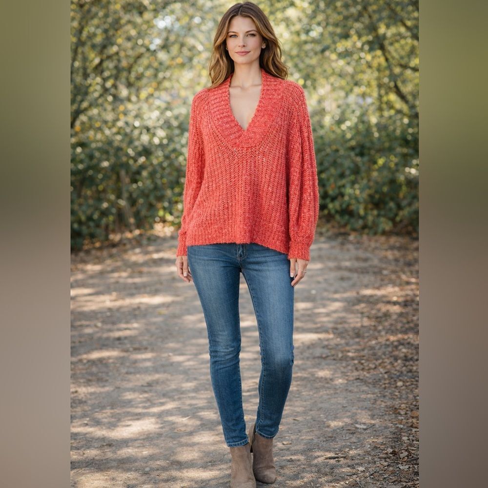 Anthropologie Vibrant Coral V-Neck Sweater S